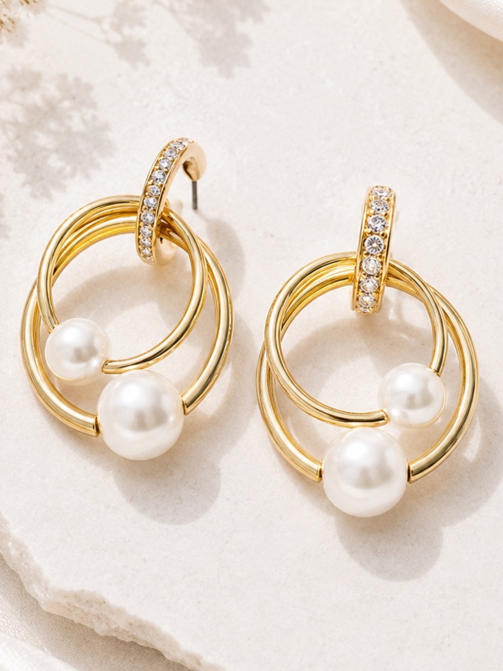 J. Crew Gold Pearl Drop Hoop Earrings | Rhinestone Accent Statement Jewelry